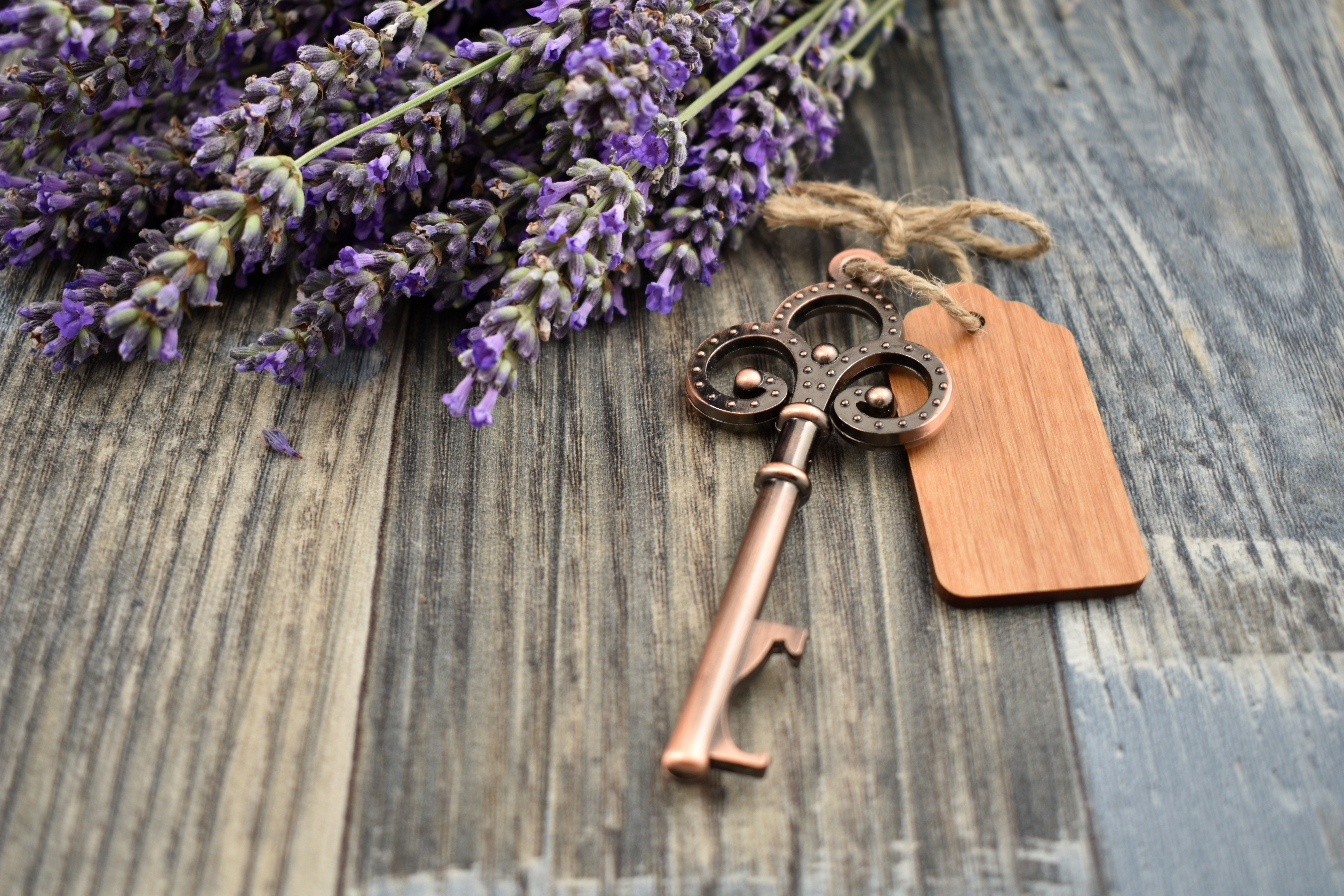 Lavender on a table accompanied by a key with a tag tied to it